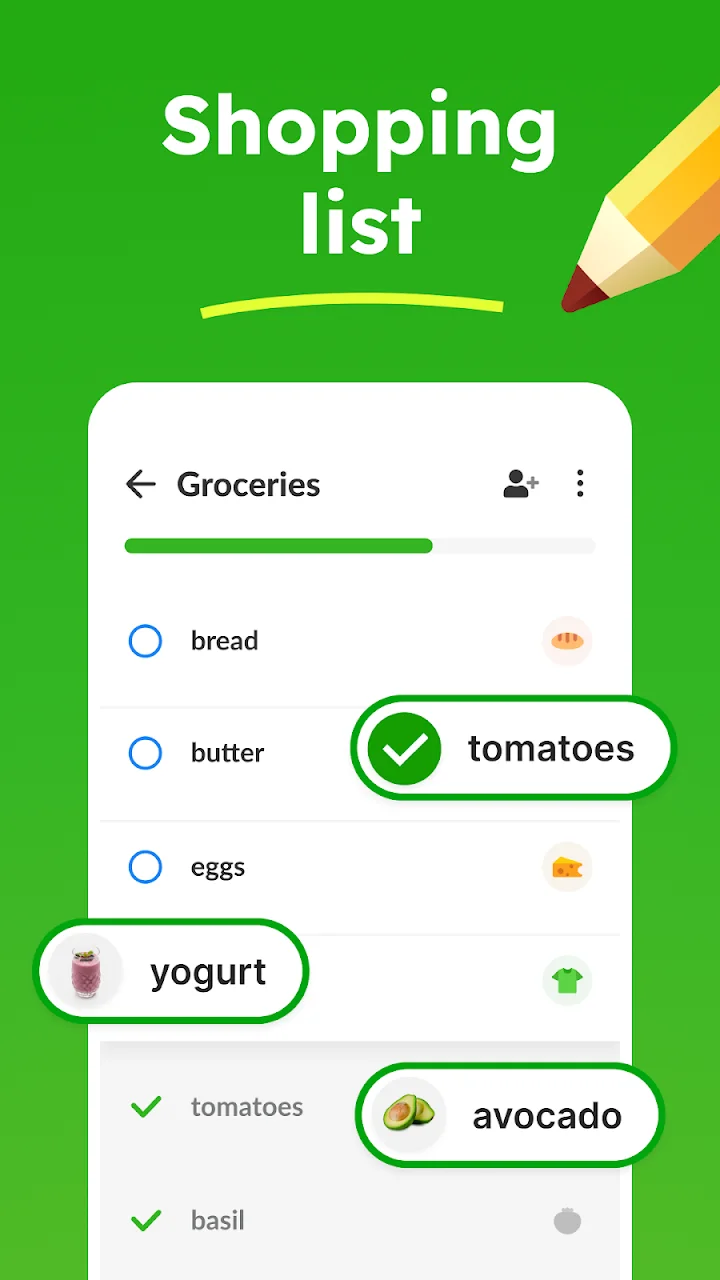 English Listonic shopping-list screen