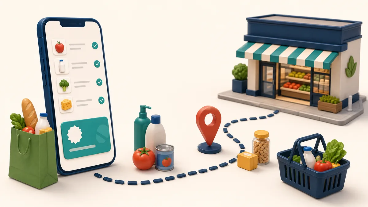 Ilustracja drive to store pokazująca przejście od listy zakupów w telefonie do sklepu.