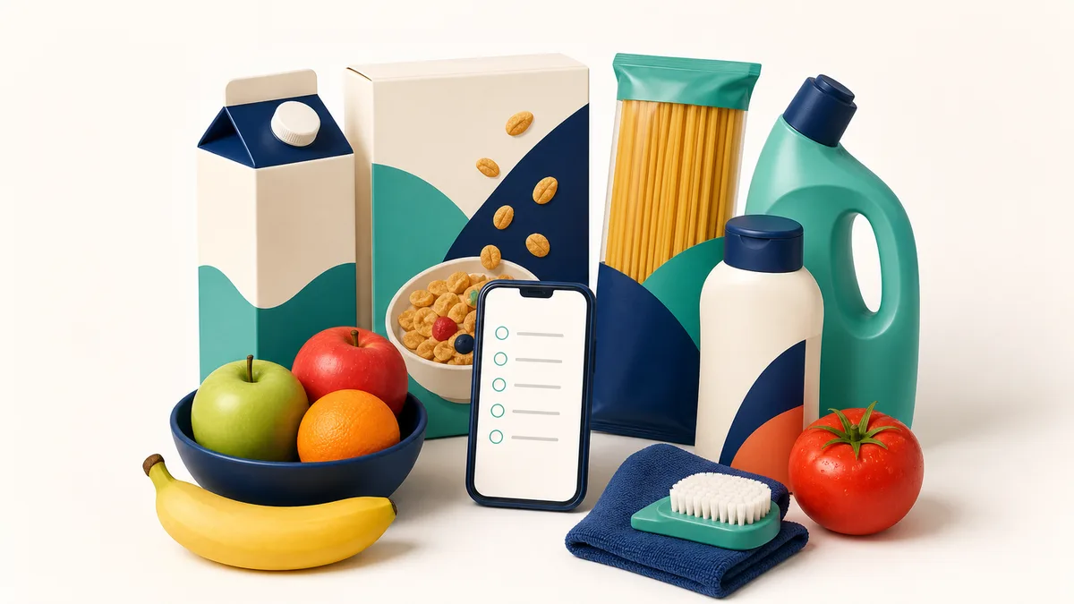Ilustracja produktów FMCG wokół cyfrowej listy zakupów.