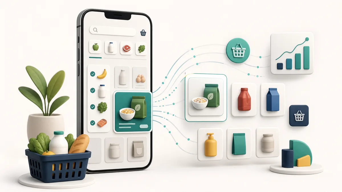 Ilustracja retail media z telefonem, placementem reklamowym i sygnałami shopperowymi.