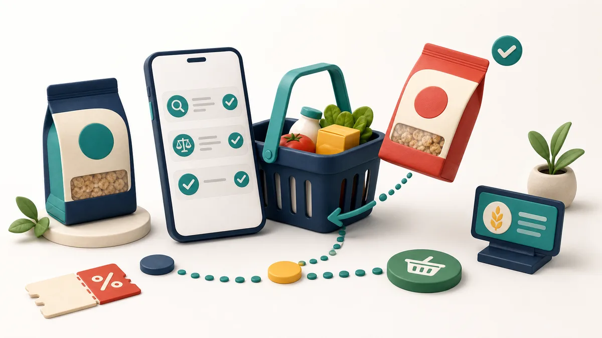 Ilustracja shopper marketingu pokazująca wybór produktu, koszyk i kupon.