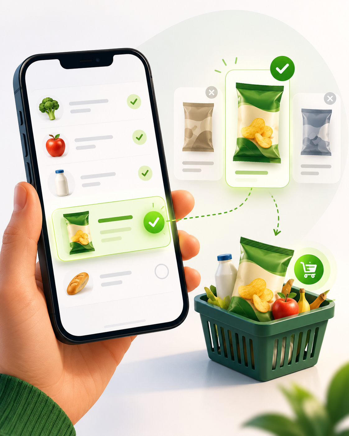 Lista zakupów w telefonie prowadząca shoppera do wyboru produktu FMCG