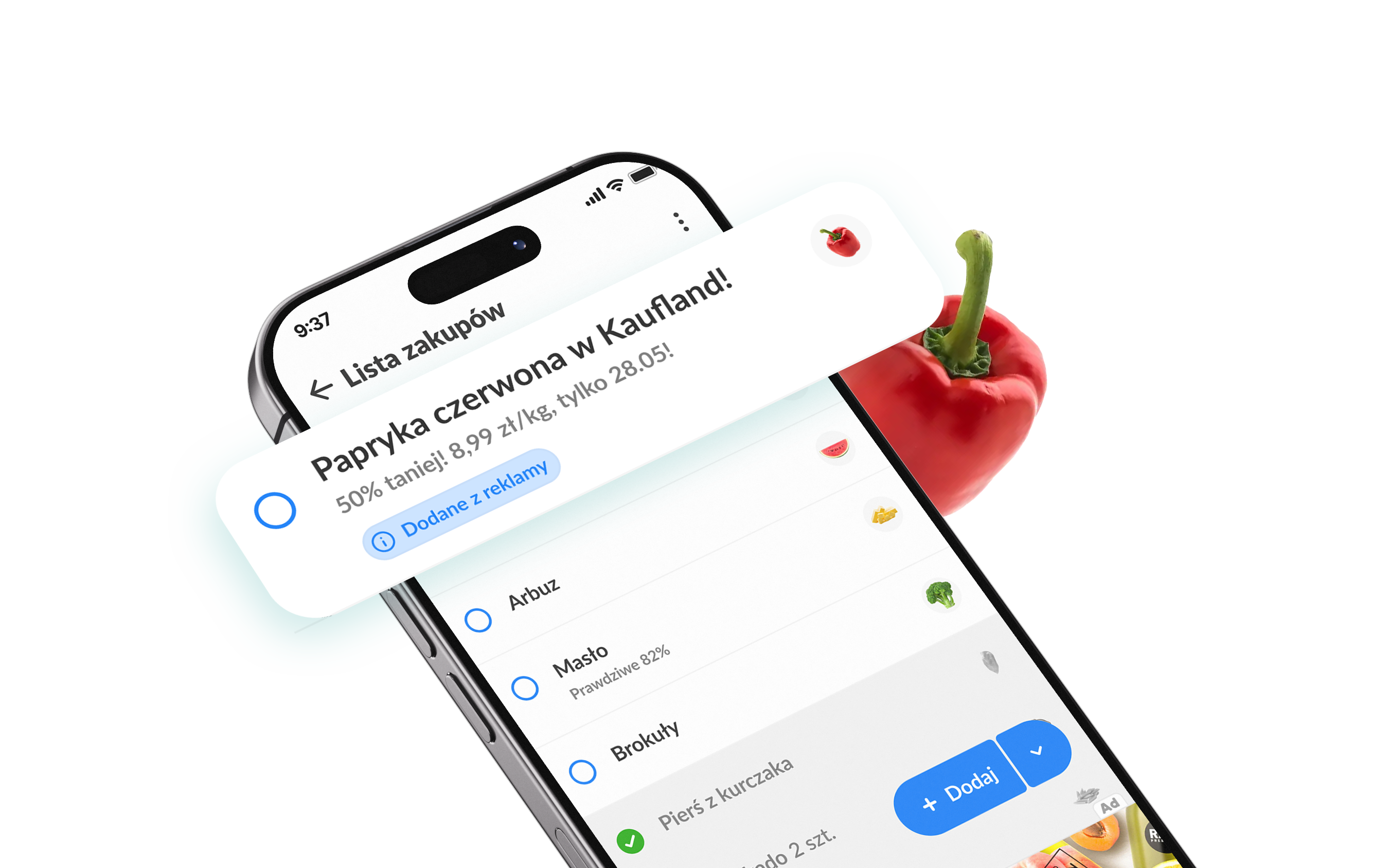 Mockup aplikacji Listonic z reklamą na ekranie telefonu