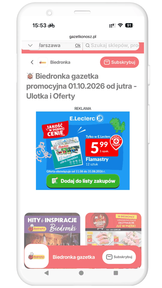 Animacja: w gazetce promocyjnej Biedronki na gazetkonosz.pl wyświetla się reklama E.Leclerc z flamastrami za 5,99 zł. Po kliknięciu przycisku Dodaj do listy zakupów produkt pojawia się na liście w aplikacji Listonic.